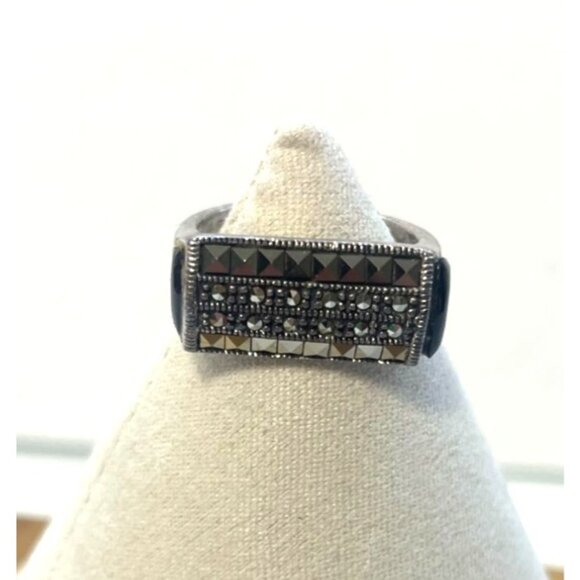 Vintage 925 Sterling Silver Art Deco Marcasite Onyx Ring Sz 8 Tramp Art Nouveau - Picture 1 of 6
